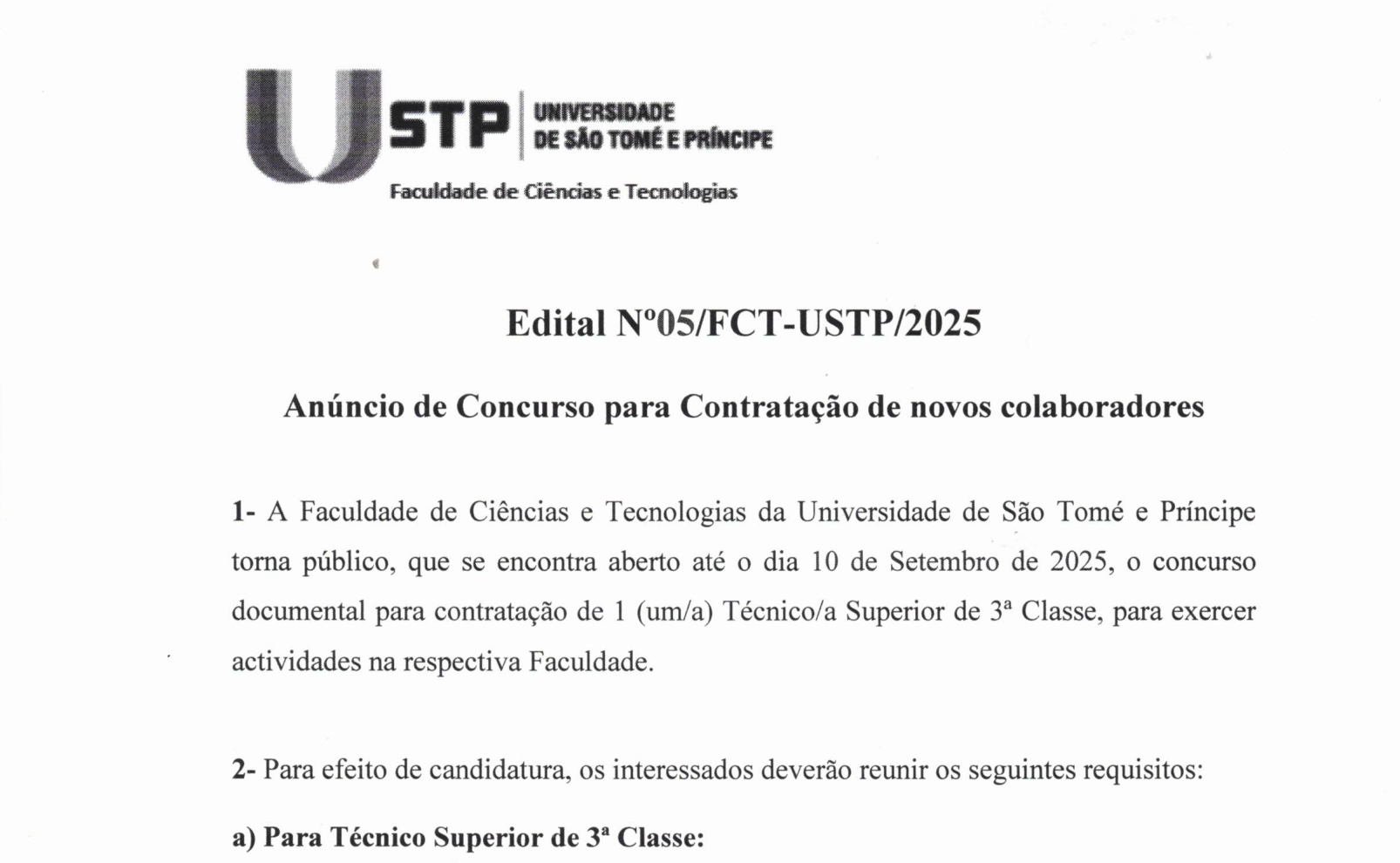 Edital N°05/FCT-USTP/2025: Oportunidade de Carreira na Faculdade de Ciências e Tecnologias